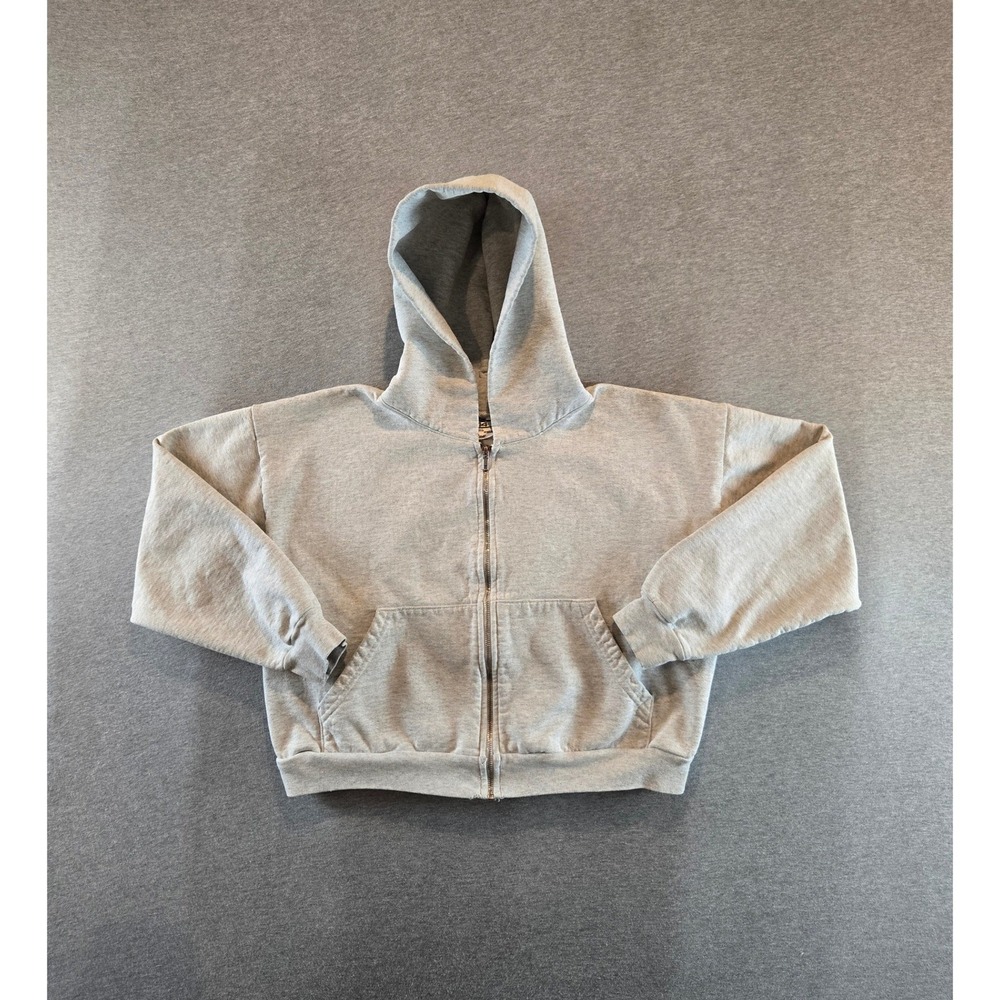 Los Angeles Apparel Hoodie Women L/XL Grey Cropped Zip Up Distressed Heavyweight
